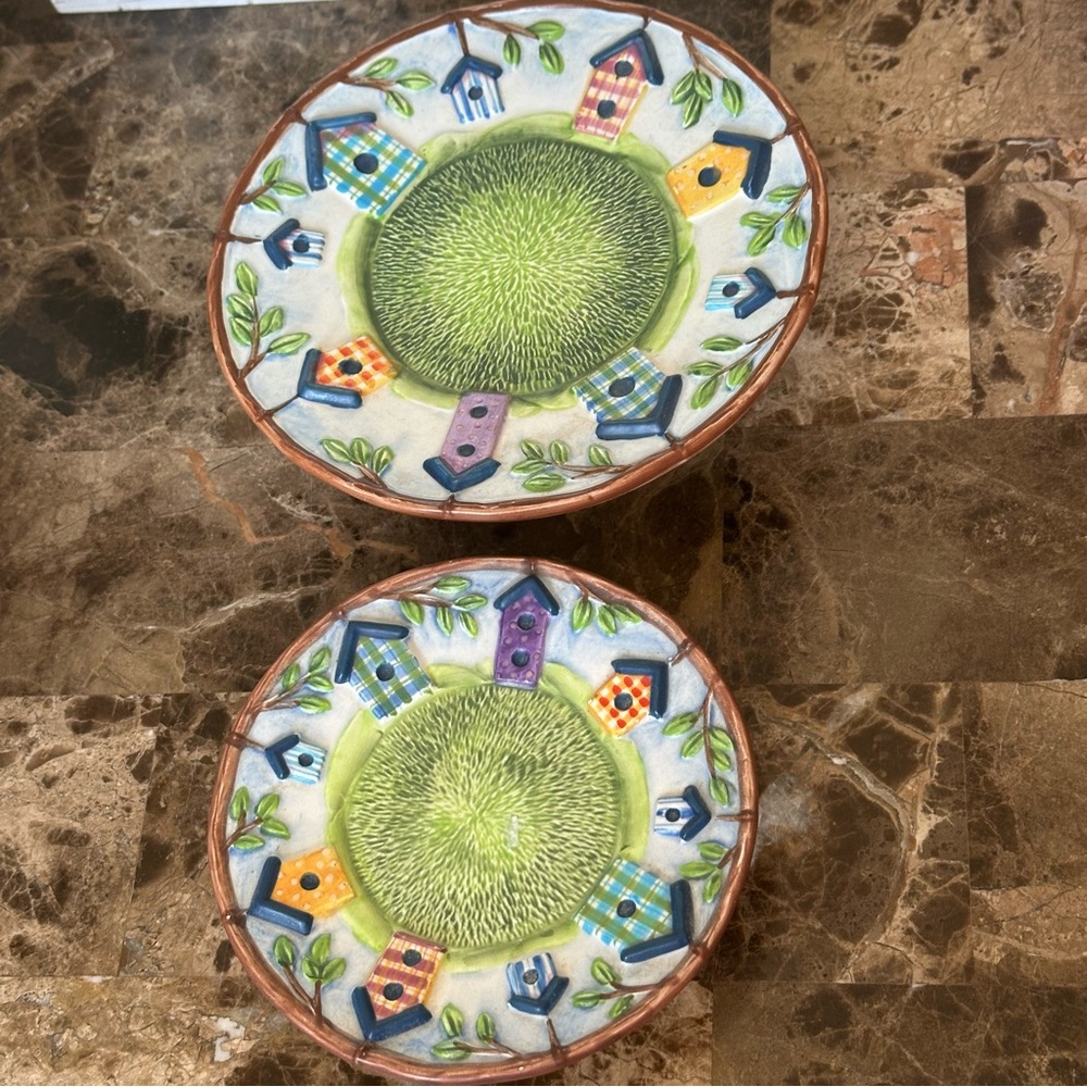 Lot Of 2 Michal Sparks Footed Candle Dishes With Birdhouse Design